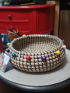 Handwoven Coiled Basket with Colorful Beads